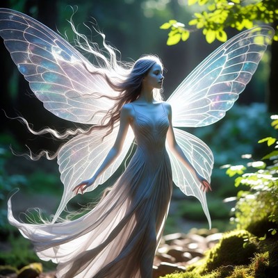 Fairy with translucent wings in forest