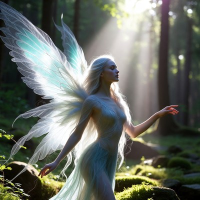 Blonde Winged Fairy in Forest