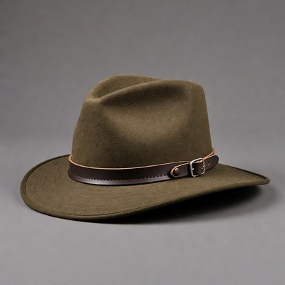 Green felt fedora hat with leather band