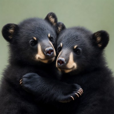 Two black bear cubs hugging