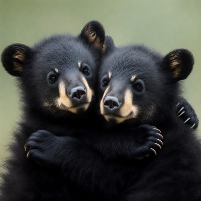 Two black bear cubs hugging