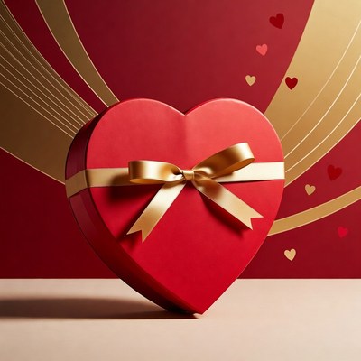 Red Heart Gift Box with Gold Ribbon