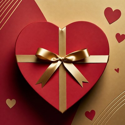 Red Heart Gift Box with Gold Ribbon