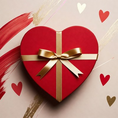 Red Heart Gift Box with Gold Ribbon