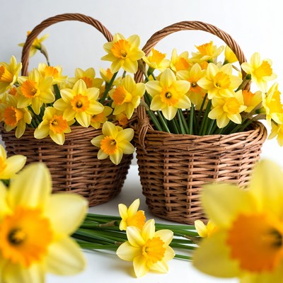 Two Wicker Baskets of Yellow Daffodils