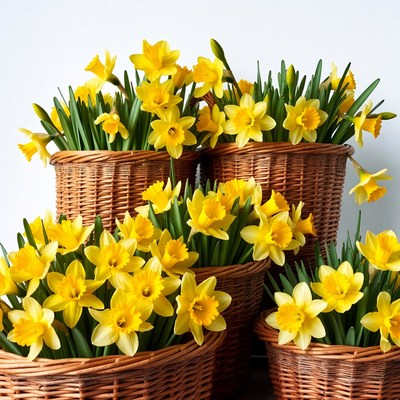 Yellow Daffodils in Wicker Baskets