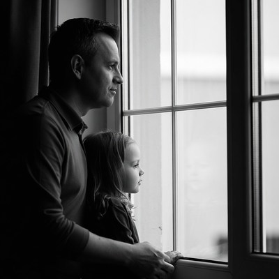 Father and daughter looking out window