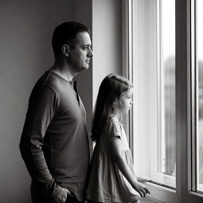Father and daughter looking out window