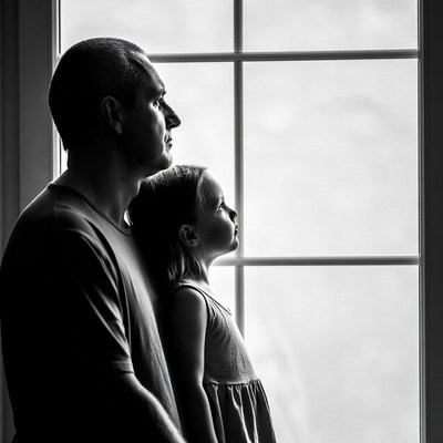 Father and daughter looking out window