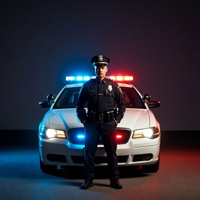 Policeman standing by patrol car