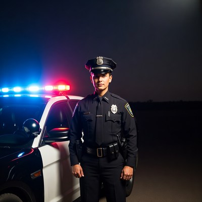 Latino police officer beside patrol car