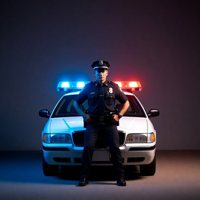 Policeman standing in front of patrol car