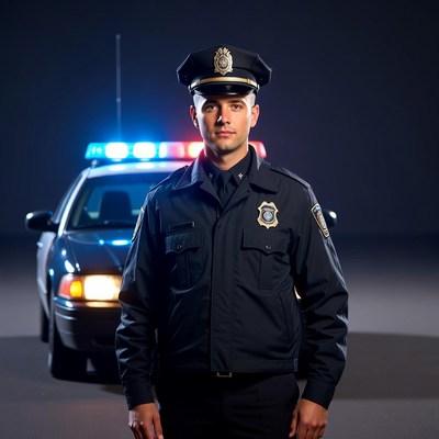 Policeman standing by patrol car