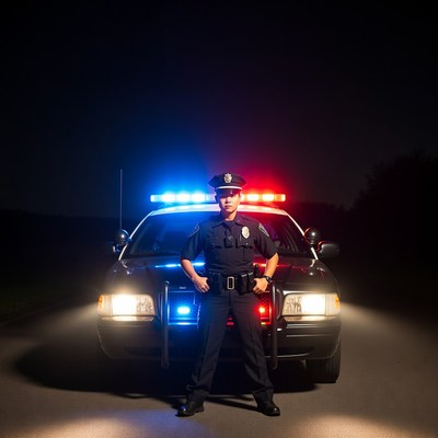 Female police officer standing by patrol car