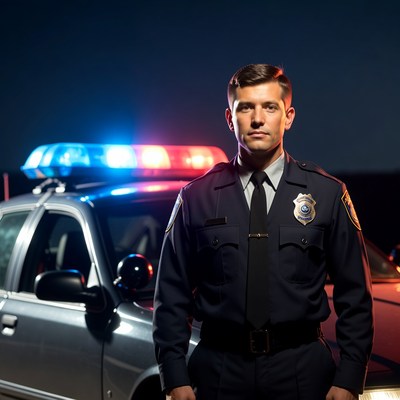 Policeman standing by patrol car