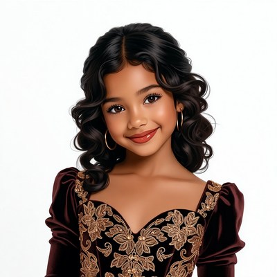 Smiling girl in gold-embroidered maroon dress