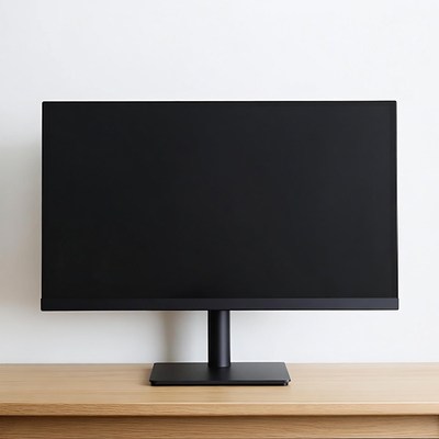 Black monitor on wooden desk