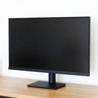 Black monitor on wooden desk