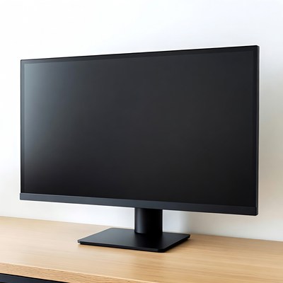 Black monitor on wooden desk