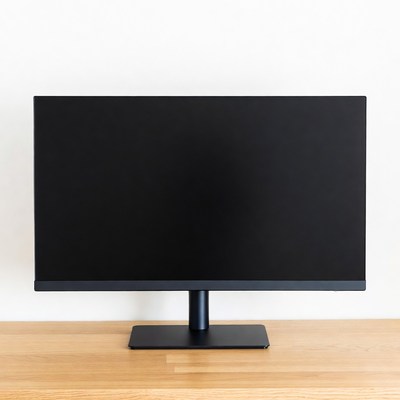 Black monitor on wooden desk