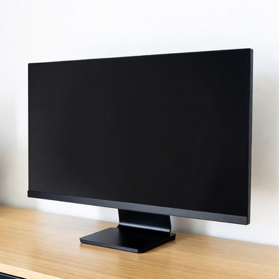 Black monitor on wooden desk
