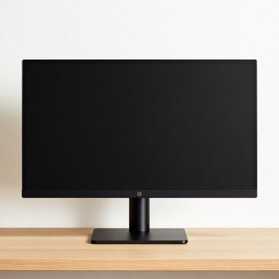 Black monitor on wooden desk