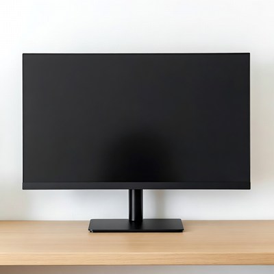 Black monitor on wooden desk