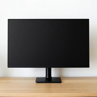 Black monitor on wooden desk