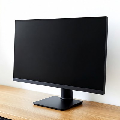 Black monitor on wooden desk