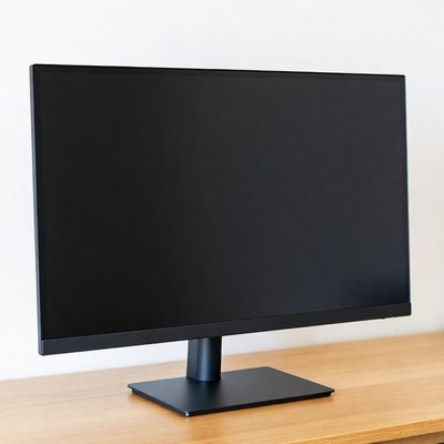Black monitor on wooden desk