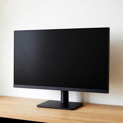 Black monitor on wooden desk