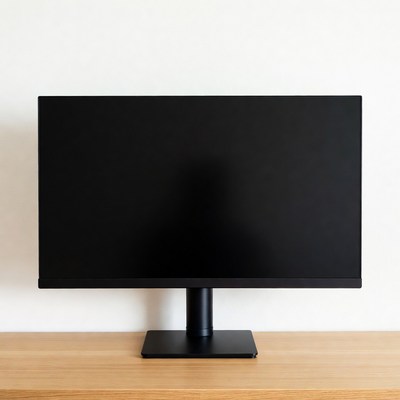 Black monitor on wooden desk