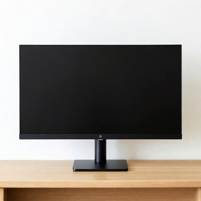 Black monitor on wooden desk