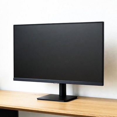 Black monitor on wooden desk