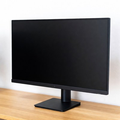 Black monitor on wooden desk