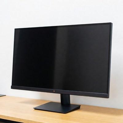 Black monitor on wooden desk