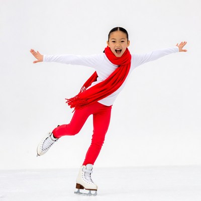 Asian girl ice skating with red scarf