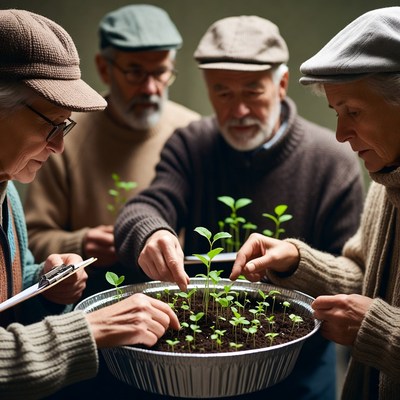 Elderly group examining seedlings in tray