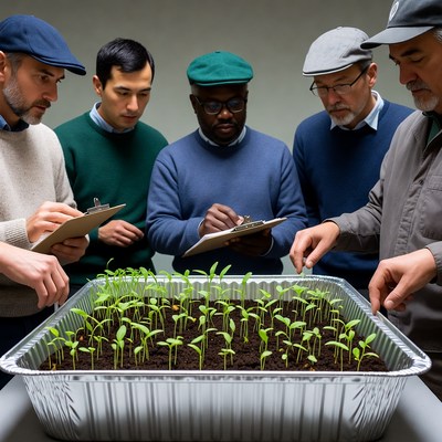 Men examining seedlings in tray