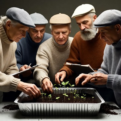 Elderly men examining seedlings