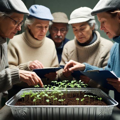 Elderly group examining seedlings