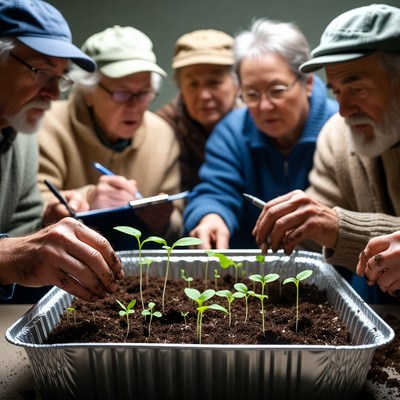 Elderly group examining seedlings