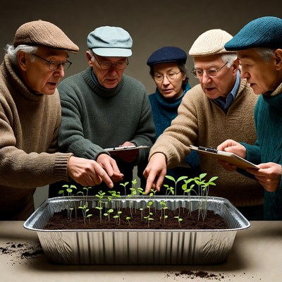 Elderly group examining seedlings