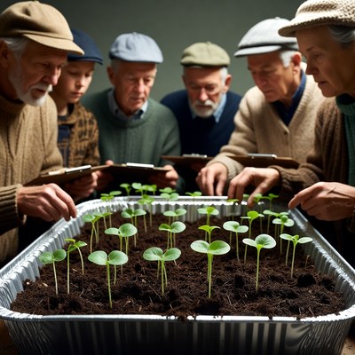 Elderly group examining seedlings in tray