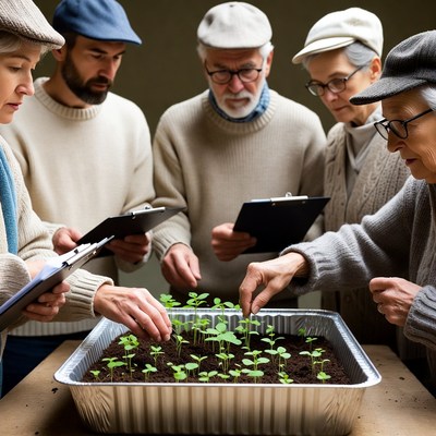 Seniors examining seedlings in tray