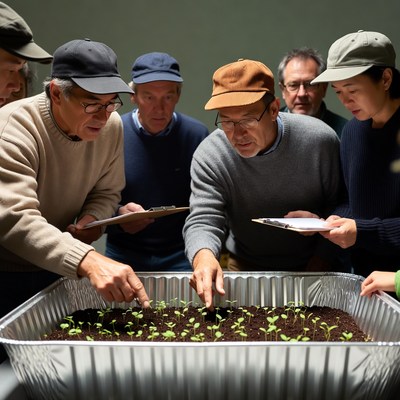 Group examining seedlings in tray
