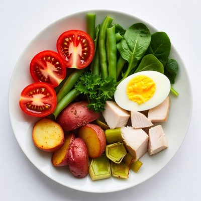 Healthy salad with tomatoes eggs chicken