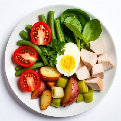 Healthy salad plate with chicken tomatoes eggs