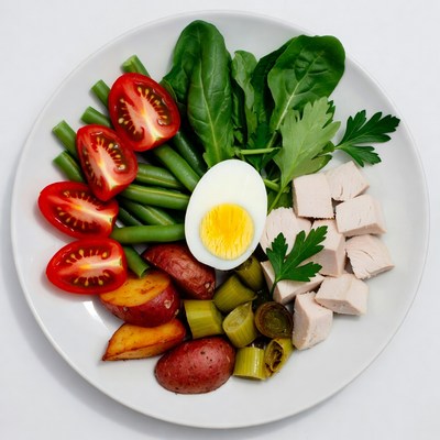Healthy salad with egg and chicken
