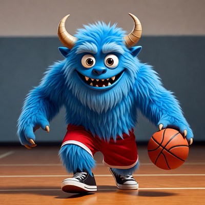 Blue furry monster dribbling basketball